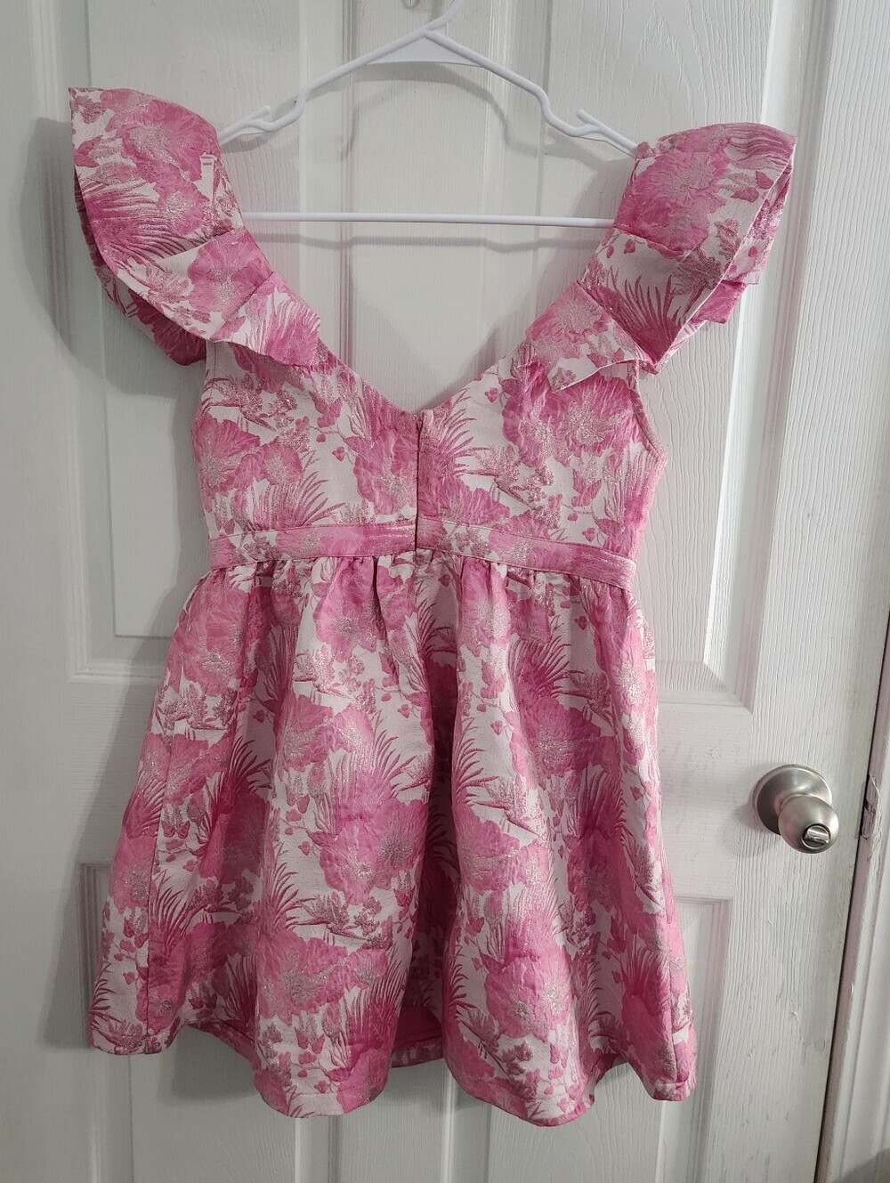 Altar'd state pink floral jacquard mini dress medium feminine glam bow ruffle - Picture 14 of 16
